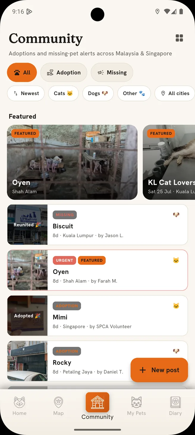 BULU community feed with featured adoption posts and upcoming pet events