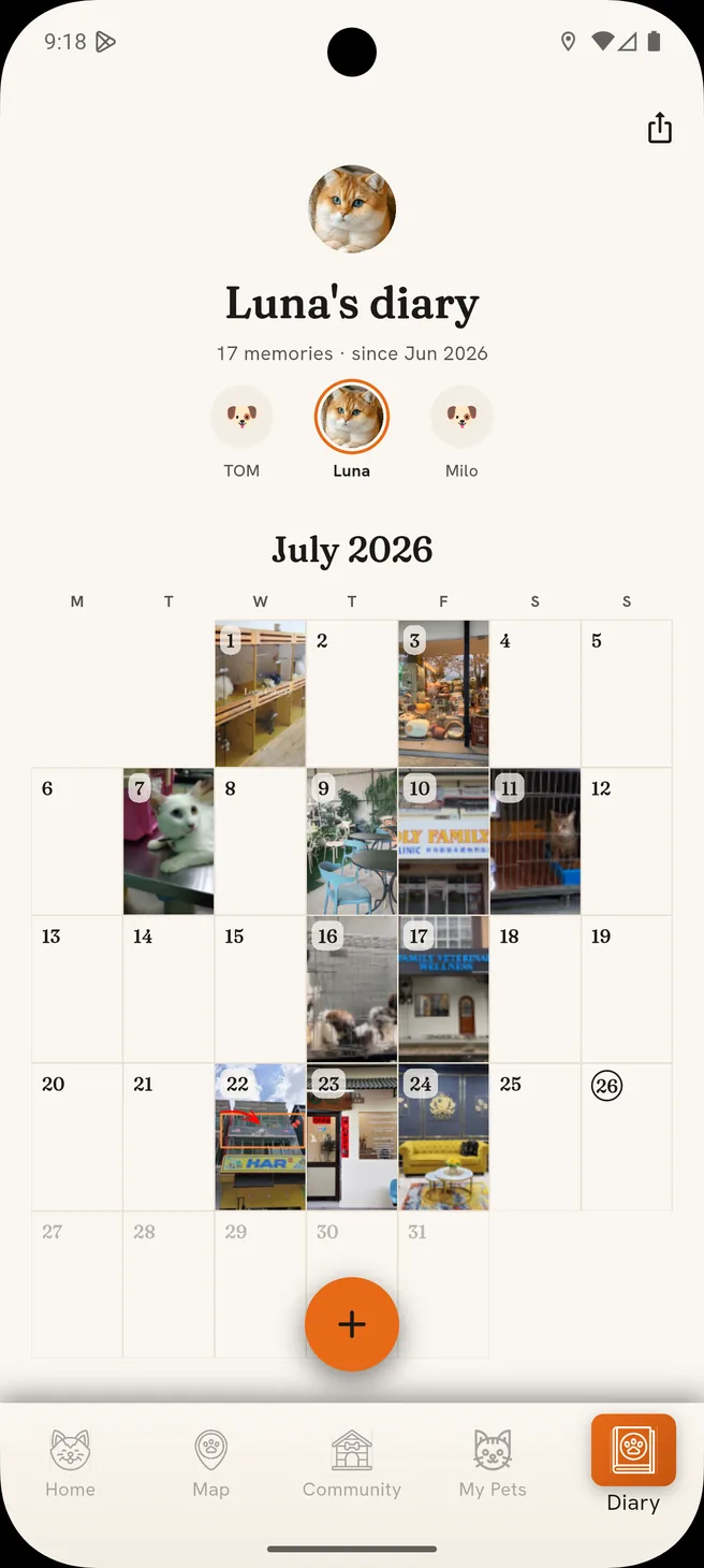 Luna the cat's photo diary in BULU — a July calendar filled with daily photos