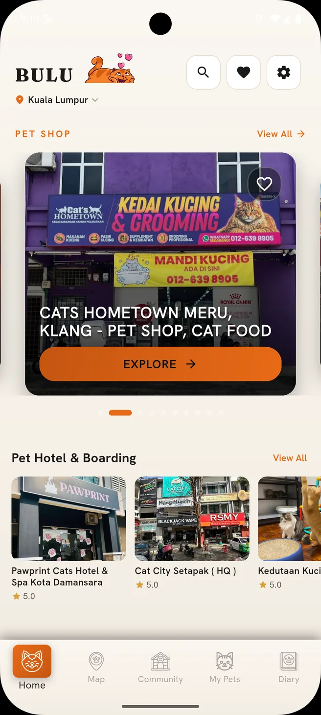 BULU home screen showing pet shops and pet hotels in Kuala Lumpur