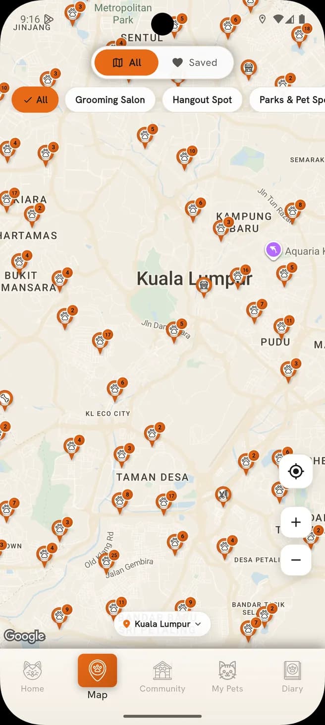 BULU map of Kuala Lumpur covered in orange pins for pet-friendly places