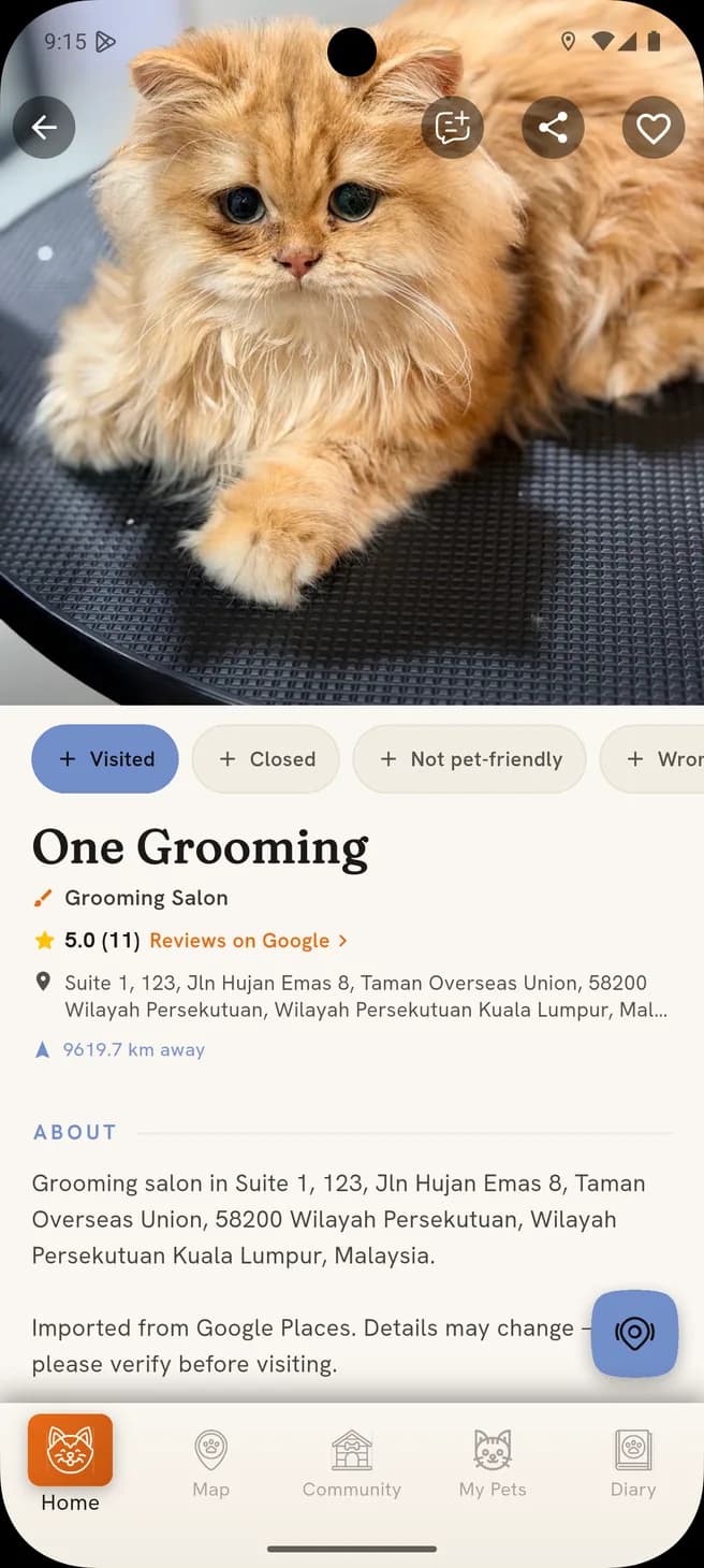 BULU place page for One Grooming, a five-star cat grooming salon in Kuala Lumpur